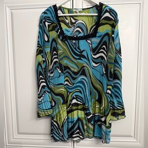 Vintage NICOLA Woman Size 3X Abstract Blue + Green Swirl Print Pleated Blouse